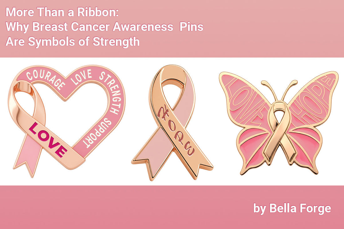 Rose gold Breast Cancer Awareness pins by Bella Forge featuring butterfly, heart ribbon, and Hope ribbon designs for corporate and survivor support