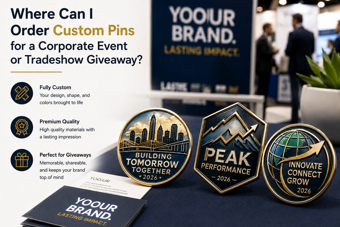 Use this:  **Alt text:** Custom pins for a corporate event or tradeshow giveaway showing branded enamel pins, event display materials, and business giveaway benefits.