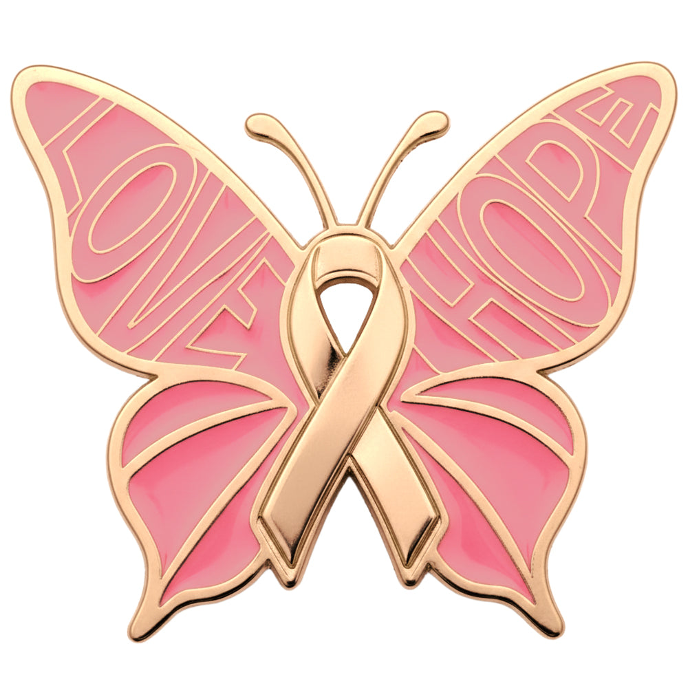 Breast Cancer Awareness Lapel Pin by Bella Forge Pink butterfly-shaped with ribbon with love and hope text on a white background 