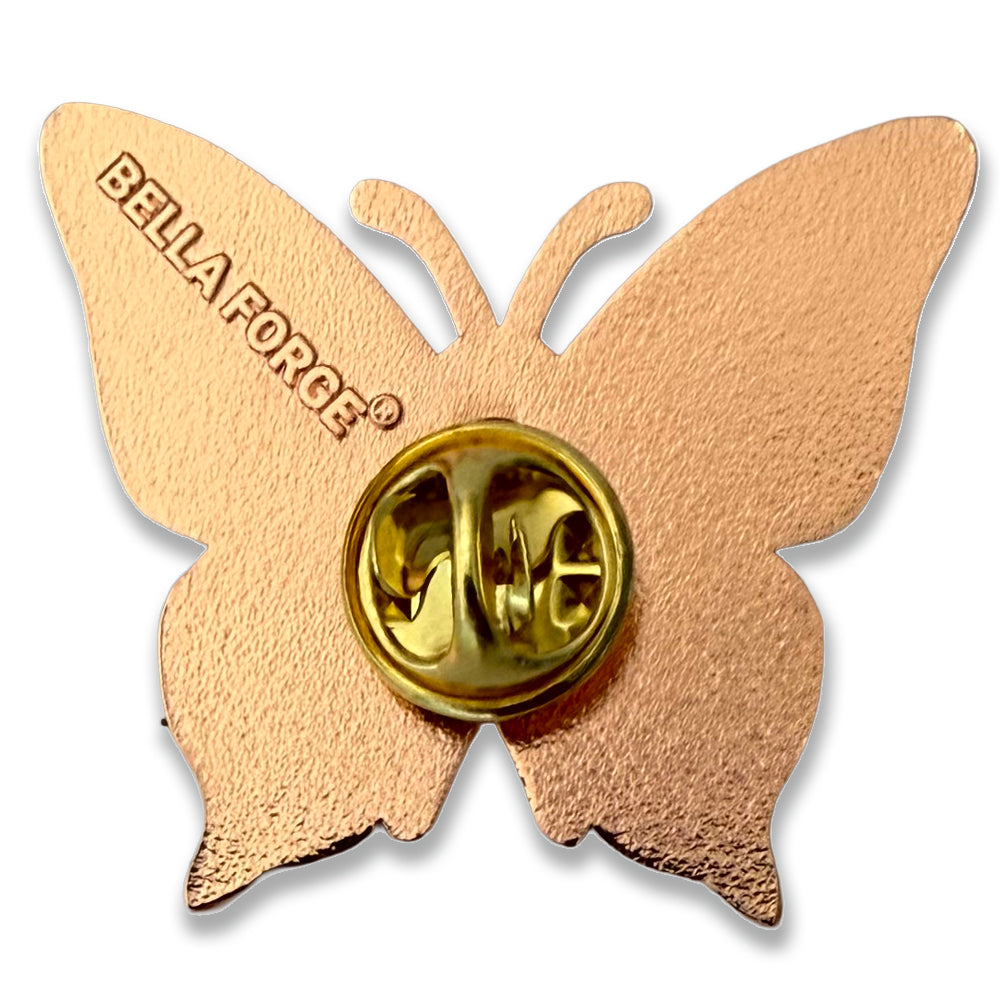 Breast Cancer Awareness Lapel Pin by Bella Forge Pink butterfly-shaped with ribbon with love and hope text, showing back of pin with butterfly clutch on a white background 