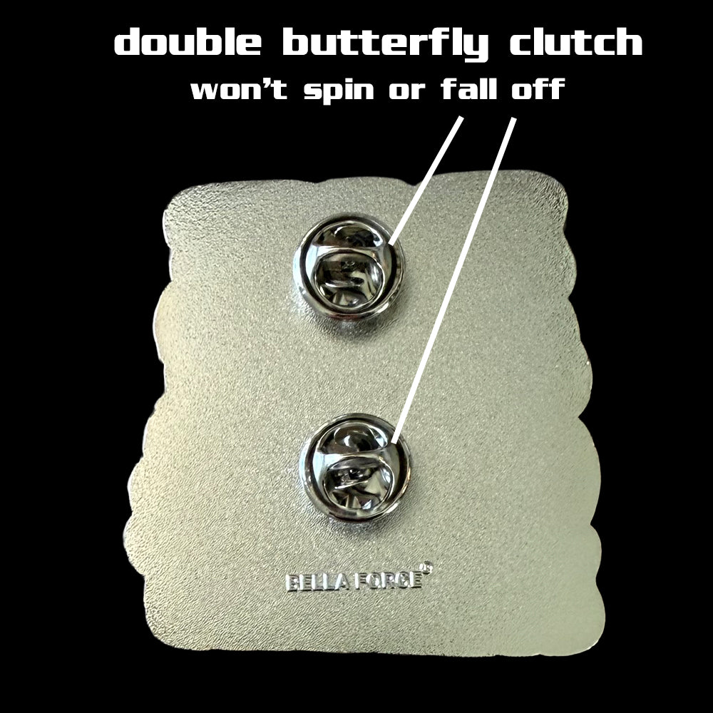 Eat Sleep Cheer Repeat large Cheer pin for backpacks by Bella Forge showing back with two butterfly clutches