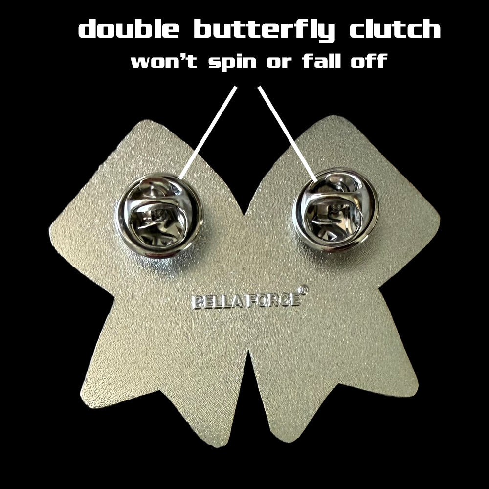 Cheer Bow Silver Glitter with Pink border large Cheer pin for backpacks by Bella Forge  showing back with two butterfly clutches