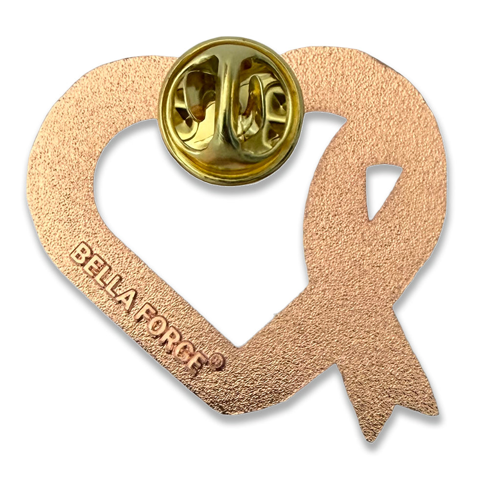 Breast Cancer Awareness Lapel Pin by Bella Forge Pink heart-shaped ribbon with engraved text on a white background showing the back with butterfly clutch