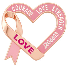 Breast Cancer Awareness Lapel Pin by Bella Forge Pink heart-shaped ribbon with engraved text on a white background 