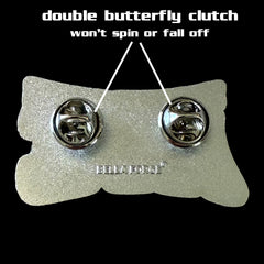 Five Six Seven Ate Cheer pin for backpacks by Bella Forge Pink pink white silver glitter and black showing back with two butterfly clutches